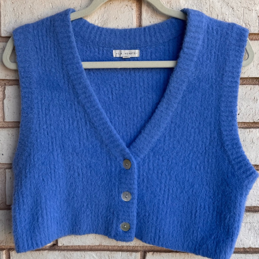 Blue Button-Up Knit Crop Top Vest